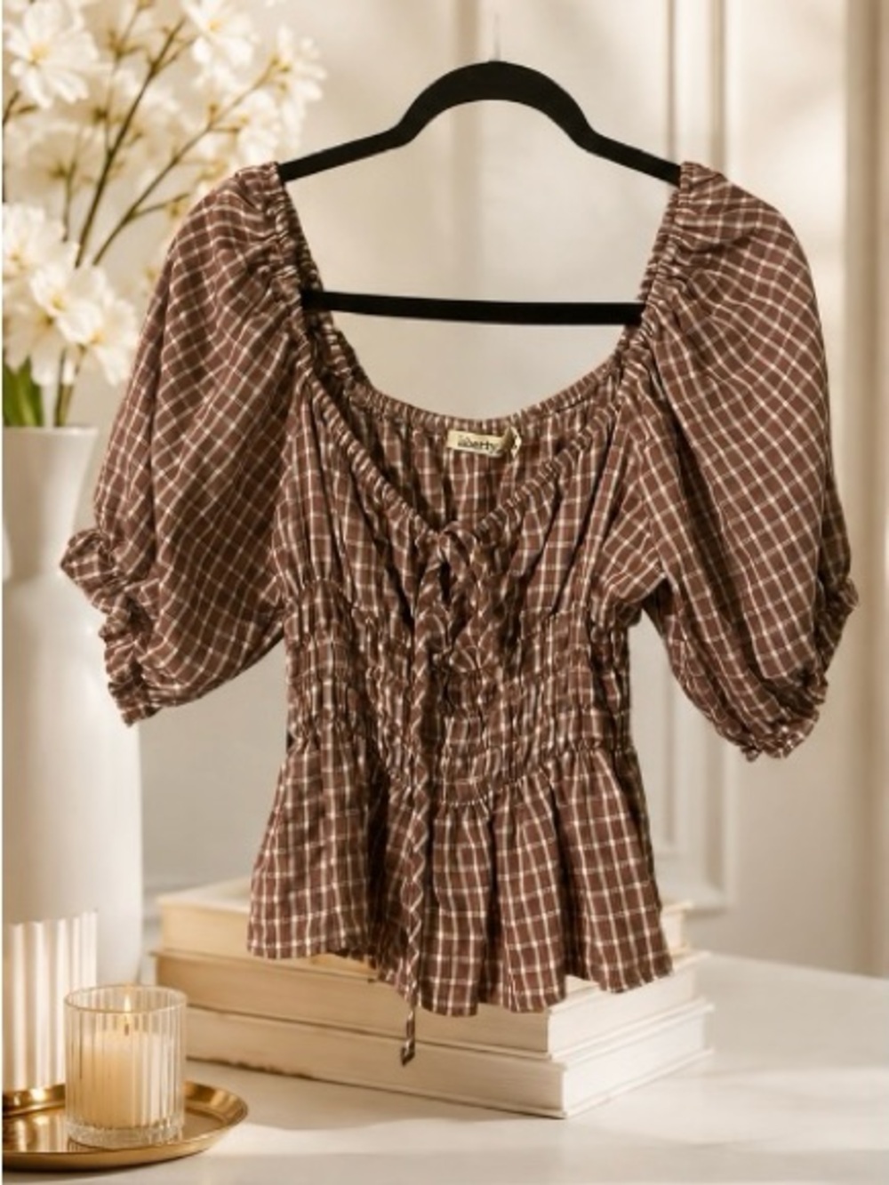 Liberty Love Brown Plaid Puff Sleeve Top – Size M